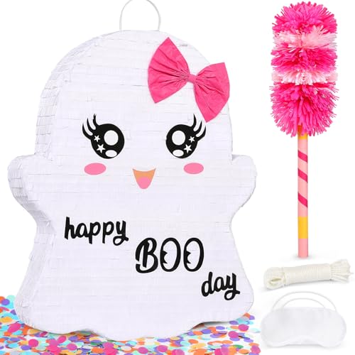 Large Halloween Ghost Pinata - 20"  16.3" Happy BOO Day Design - Halloween Pinata Kit Stick, Rope, Blindfold, Confetti for Trick-or-Treating Party & Kids' Events