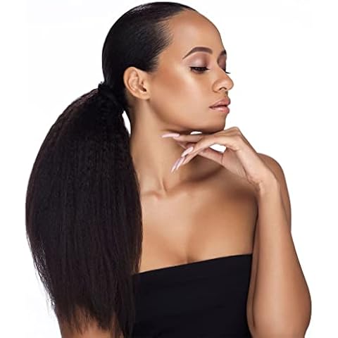 YePei Ponytail Extension Human Hair Kinky Straight Ponytail Extension for Black Women with Wrap Around Magic Tape Brazilian Virgin Human Hair Clip in Ponytail Hair Extensions 14 Inch Cover