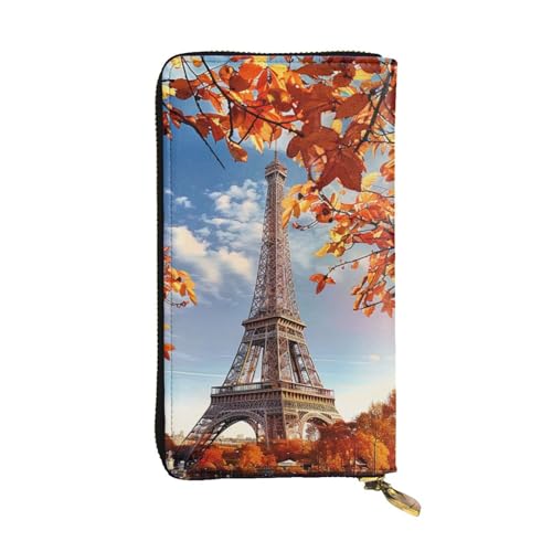 Women's Leather Wallet - Paris Eiffel Tower with Leaves Prints Coin Purse Travel Card Holder Zipper Purse Cell Phone Handbag