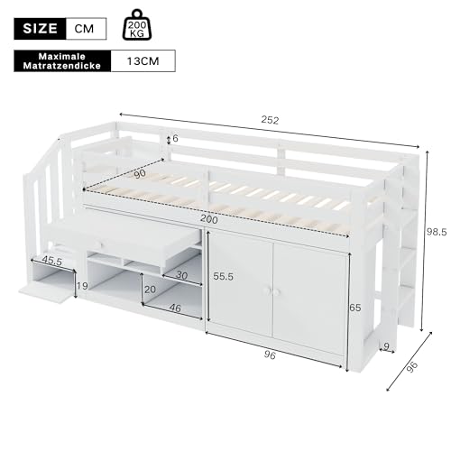 Kinderbett 90x200 Einzelbett, Hochbett mit Stauschrank, Schreibtisch und Treppe, Regal & Schubladen & Schließfach, Holzbett Stauraumbett Funktionsbett Jugendhochbett mit Lattenrost,Ohne Matratze,Weiß
