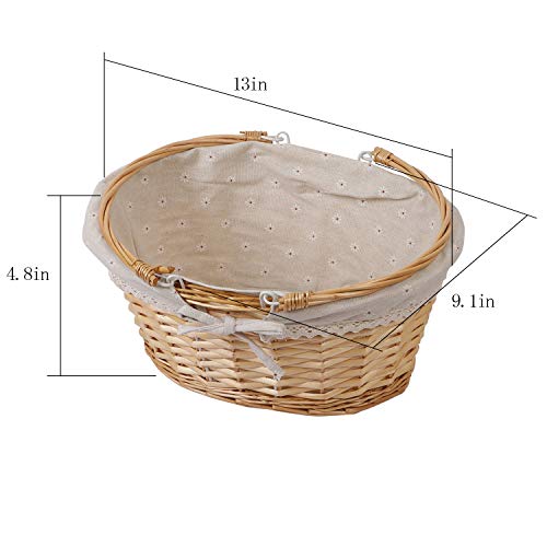 KINJOEK 2 Packs Wicker Woven Basket, 13\" x 9\" x 4.8\" Multipurpose Natural Willow Basket with Handle Premium Linen Cotton Cloth Lining for Storage and Decoration, Natural