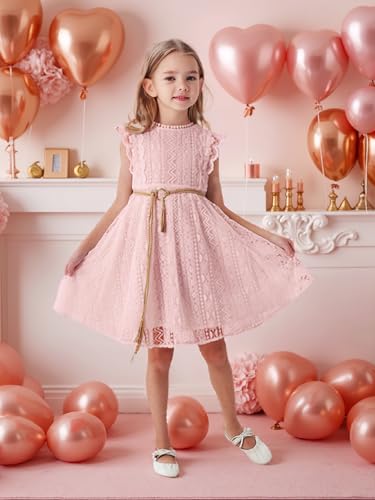 ALLOVIN Toddler and Girls Vintage Boho A-Line Lace Dress with Belt Pom Pom Trim Birthday Party Dress 3-11 Years4