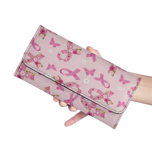 Binienty Pink Ribbon Tri-Fold Clutch for Women Waterproof - Floral Butterfly Buckle Closed Card Holder Purse with Multiple Inner Pockets for Keys, Coins, Daily Essentials4