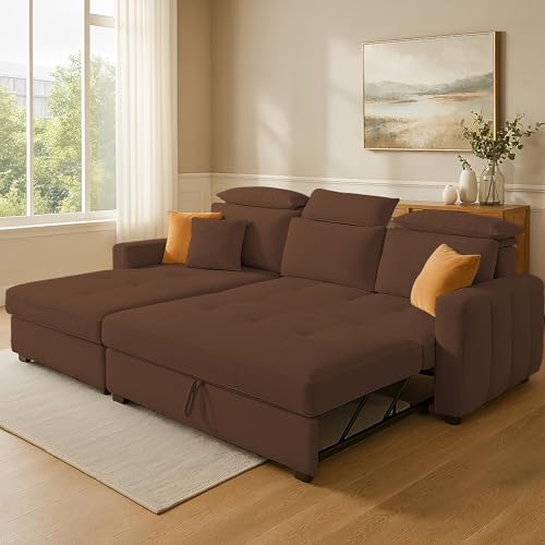 Image of Casaliving Gagnon LHS 4 Seater L Shape Corner Sofa Cum Bed for Living Room (Brown Fabric) Premium Fabric Sofa