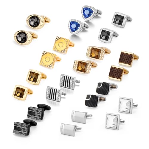 Image of Wynameleri Mens Cufflinks Set 12 Pairs, Black Cuff Links Pack of 12 for Men Silver and Gold, for Business, Wedding,Party Gift Pack in Case