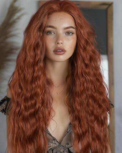 FASHION IDOL Long Wavy Synthetic Lace Front Wigs 30 inches Deep Middle Part Baby Hair Wigs for Women 5% Brazilian Human Hair and 95% Heat Resistant Fiber