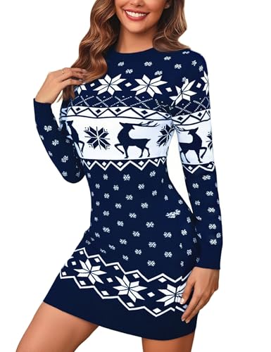 Bresdk Strickkleid Damen Winter Weihnachten Elegant Kleider Langarm Pulloverkleid Strickkleider Party Minikleid Wickelkleid Blau S