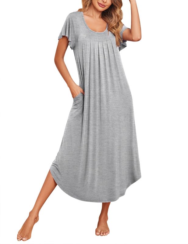 Image of Ekouaer Long Nightgowns for Women with Pockets Short Sleeves Moo Moos for Women Casual Maxi Dress House Dresses S-XXXL