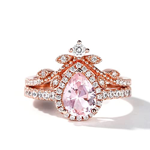 Jeulia Engagement Rings Sterling Silver Halo Pear Cut Synthetic Pear Shape Natural Pink Rose Gold Diamond Bridal Set Halo Art Deco Wedding band Anniversary Promise Jewelry Crystal With Gift Box