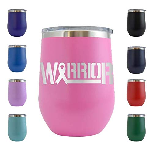 Breast Cancer Warrior - Engraved 12 oz Stemless Wine Tumbler Cup Glass Etched