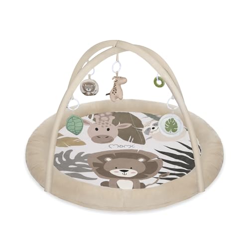 MoMi LUANI Arco de juego con alfombra para gatear, Ø 72 cm (interior), borde alto de 10 cm, 6 juguetes lavables: espejo, juguete con chirrido, jirafa de peluche con sonajero, dos mordedores