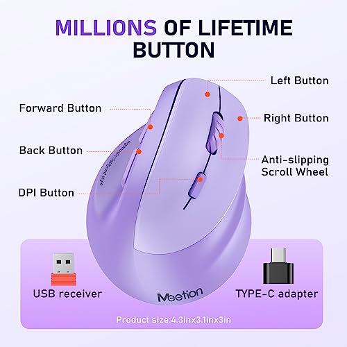 Image of MEETION Ergonomic Wireless Mouse, Bluetooth Vertical Mouse with RGB, Purple | Bluetooth 5.2 /3.0 and USB-A, Comfortable vertical design, 4 adjustable DPI levels for Mac, Windows, Android, PC and tablets