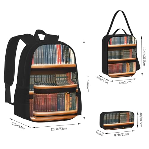 Library Bookshelf Print 3 Piece Set Backpack, Lunch Bag, Pencil Case, Cute Sturdy For College And Travel4