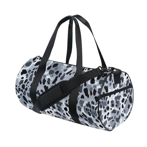 Black Leopard Print Sports Duffel Bag Large Capacity Barrel Gym Bag with Full Print Polyester Fabric, Multiple Pockets and Detachable Strap for Sports Gym and Weekend Getaways3
