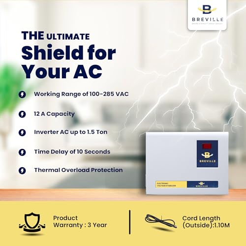 Image of Breville Double Booster Voltage Stabilizer for AC Upto 1.5 Ton | 100V-285V | Digital Display | Low & High Voltage Protection for Inverter, Split & Window AC | 3-Year Warranty (Grey)