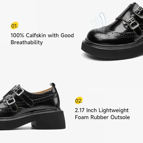 Image of BEAU TODAY Womens Leather Loafers, Monk Strap Womens Loafers, Business Casual Office Shoes, Brogue Wingtip Slip-on Dress Shoes