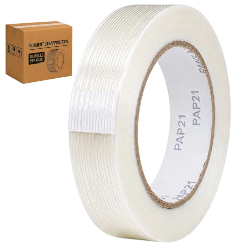 Image of GGR Supplies FIL-795 Fiberglass Reinforced Filament Strapping Tape - Heavy Duty Packing & Shipping Tape, Mono Directional, 1 in x 60 yds. Pack of 36 (5.5 Mil)