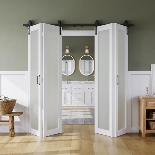 48" x 84" Bifold Sliding Barn Door, 1 Lites Tempered Frosted Glass Panel with Sliding Hardware Kit Set, Pre-drilled Closet Door Slab, 4.66FT Track for 4 Doors, MDF, White 48"(24"x2) x 84" Wh