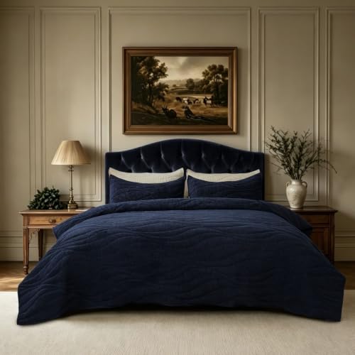 Image of DOWN HOME Crinkle Textured Velvet Quilt Set with Shams, All-Season Luxury Modern Bedding,Easy Care Comforter,Ultra-Soft,Lightweight & Breathable, Queen, Imperial Blue