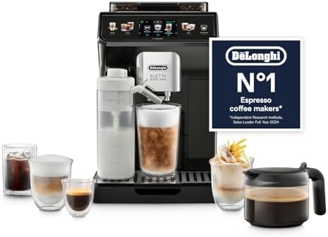 A front-facing view of the De'Longhi Eletta Explore in Dark Grey, showcasing its sleek design and the vibrant coloured touch icons on the control panel.