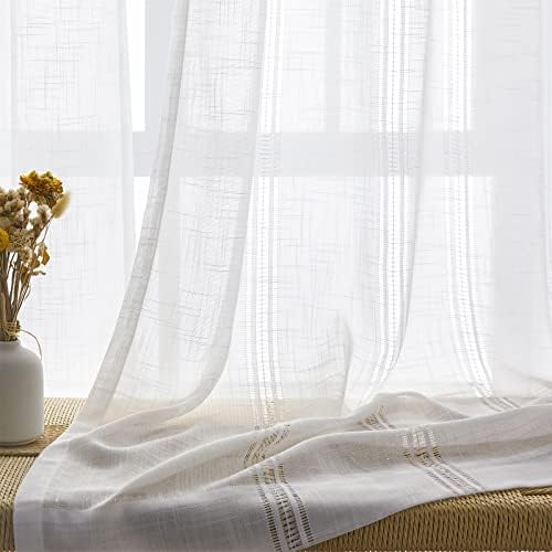 Maison Colette White Curtain 84 Inches Length for Bedroom,Linen Blend Semi Sheer Rod Pocket Window Treatment Drapes for Living Room,2 Panels,52″ Width