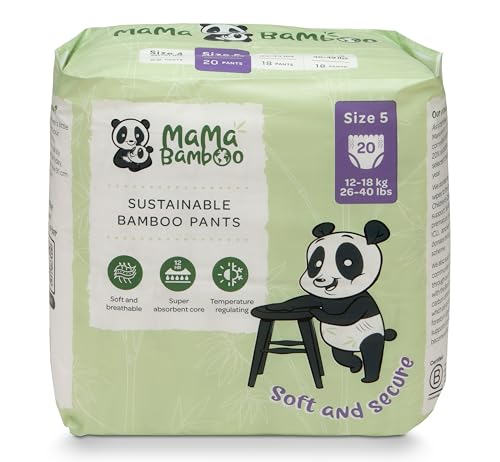 Mama Bamboo - Sustainable Bamboo Nappy Pants - Soft Breathable Bamboo Viscose - Super Absorbent Core - with Leak Free Elasticated Panels - Size 5 (12-18kg) - 20 Nappy Pants