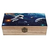 Anceky Caja de madera con diseño de astronauta y planetas, joyero vintage de madera, organizador rústico decorativo para decoración del hogar, manualidades y anillos.