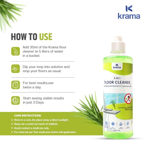Image of Krama 3 in 1 Anti Flies, Anti Mosquito & Anti Bacteria Disinfectant Floor Cleaner | 100X Power Lemongrass Infused | Eco-Friendly, Biodegradable & Paraben Free Germs Protection Floor Cleaner 500ml