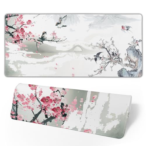 Image of Cherry Blossom Sakura Gaming Mouse Pad 31.5x11.8inch with Stitched Edges Extended Waterproof Desk Pads Non-Slip Rubber Base Large Keyboard Mat Computer Gaming Mousepad for Work /Office /Home (Ten)