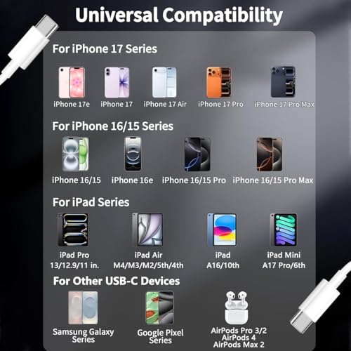 Image of iPhone 17 16 Charger Fast Charging,[MFi Certified]40W USB C iPhone Fast Charger Block with 6FT Long USB C to C Charging Cable Cord for iPhone 17e /Air /17 Pro Max /16 Plus /15Pro /Pro Max,iPad Pro /AirPods