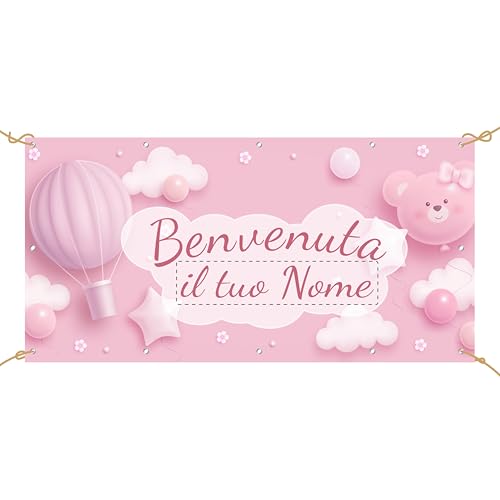 Pubblimania Banner Striscione NASCITA BIMBA FEMMINUCCIA PERSONALIZZABILE in pvc. Personalizza online con le tue scritte e noi lo stampiamo. (Banner Nascita Bambina)