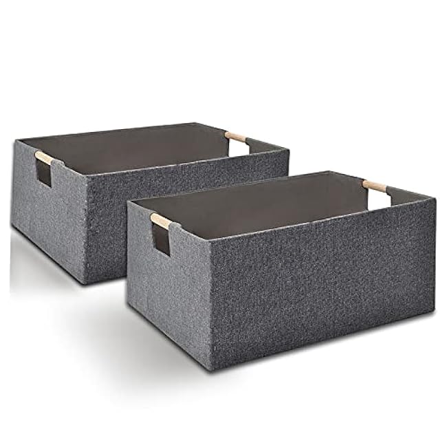 Storage Baskets Collapsible , Storage Bins with wood Handles, Robust Closet Storage Bins for Clothes Baskets Storage Organization for Books, Laundry, Home and Toy Organization (Gray large size 2 Pack)