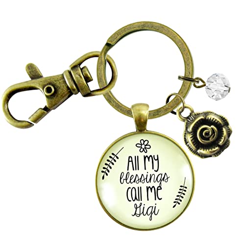 Gigi Keychain All My Blessings Southern Grandma Jewelry For Women From Grandchildren Key Ring - Handmade Family Theme Vintage Pendant, Bronze Rose Charm, Gift Packaged Grandmother Message Card & Box