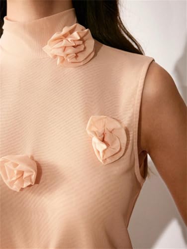 Women's Rosette Embellished Smock Neck Blouse High Neck Sleeveless Cute Tank Tops4