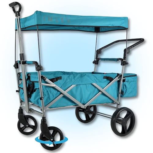 IMLEX Bollerwagen faltbar mit Dach IM-9002 Türkis - Große Räder gefederte Vorderräder - Handwagen klappbar mit Schiebegriff ideal für 2 Kinder IMLEX Bollerwagen faltbar mit Dach IM-9002 Türkis - Große Räder gefederte Vorderräder - Handwagen klappbar mit Schiebegriff ideal für 2 Kinder