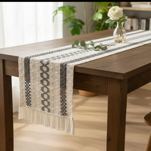 Image of HomeCloud Croshia Woven Table placemat - Heat Resistant, Washable Table Decoration for Dining, Office, Kitchen, Hotel, and Home (Runner White Grey, Set of 1)