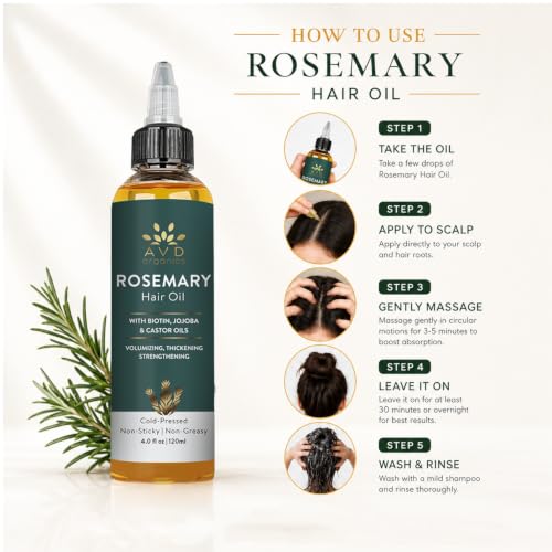 Image of AVD ORGANICS Rosemary Oil for Hair Growth & scalp | Infused with Biotin | Hair Strengthening, Nourishing and Volumizing | infused with Jojoba & Castor Oil | NON - GMO 120ml