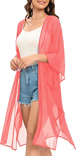 Image of Indian Trendy Women's Solid Puff Sleeve Kimono Long Cardigan Loose Cover Up Casual Blouse Top Chiffon