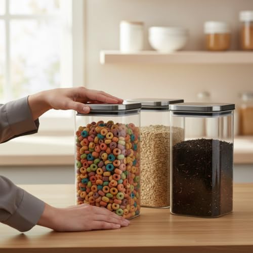 Image of ginoya brothers Airtight Borosilicate Glass Square Jar With Wooden Or Steel Lid Multi-Size, Container for Spices, Coffee, Grains, Snacks & Kitchen Organization (2, STEEL LID, 790 ML)