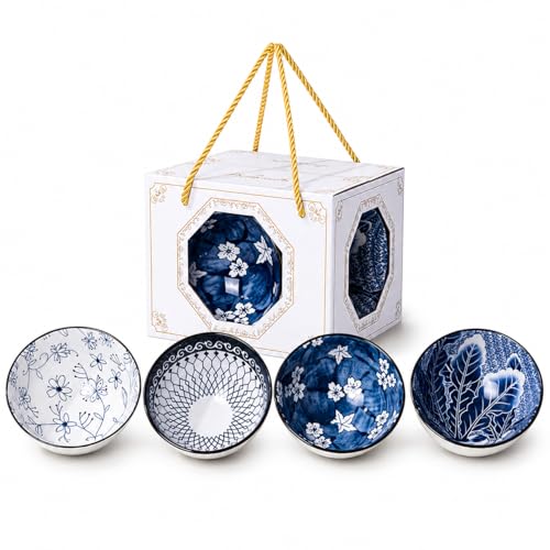 Image of YELONA Japanese Style Ceramic Bowl Set of 4 with Gift Box | 300ml for Rice, Soup, Noodles & Snacks | Handcrafted Blue Floral Porcelain Bowls | Ceramic Dinner Set for Gifting & Dining (Blue Ember)