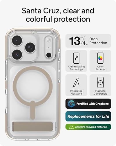 Image of ZAGG Santa Cruz Snap Case with Kickstand for iPhone 17 Pro - Titanium, Drop Protection (13ft /4m), MagSafe Charging Compatible, ClearGuard Anti-Yellowing Technology, Scratch Resistant Phone Case