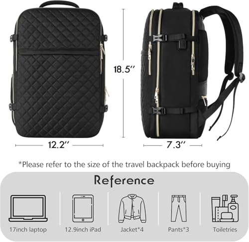Image of MOMUVO Large Travel Backpack Women, Flight Approved Carry On Backpack, Water Resistant Anti-Theft Large Casual Daypack School Bag Fit 17 Inch Laptop with USB Charging Port, Black, Black