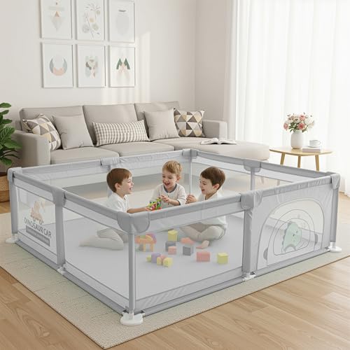 Image of Baybee JoyHub Kids Playpen for Babies | Baby Play Area Indoor Setup with Zipper Door & Toys Pouch | Kids Activity Playards with Corner Protection | Outdoor play pen for baby for 0 - 5 years Boys Girls (200 x 180 CM - Light Grey)