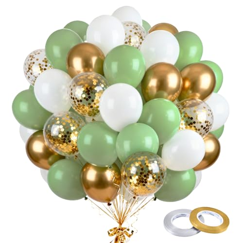 Balões verde sálvia ouro, 60 peças balões de aniversário verde ouro com confetes de ouro metalizado balão de hélio, com 2 tiras de fita para aniversários, baby shower casamento graduação, batismo
