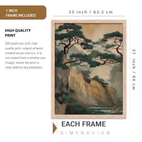 Image of kotart Big Aesthetic Nature Art Wall Framed Posters | Japanese Nature View Framed Poster for Living Room Bedroom Wall Decor Set Of 3 (35x37 Inch)