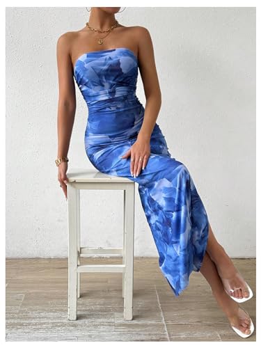 Image of GORGLITTER Women's Floral Strapless Bodycon Wedding Guest Dress Vacation Summer Birthday Tropical Maxi Long Sun Dresses
