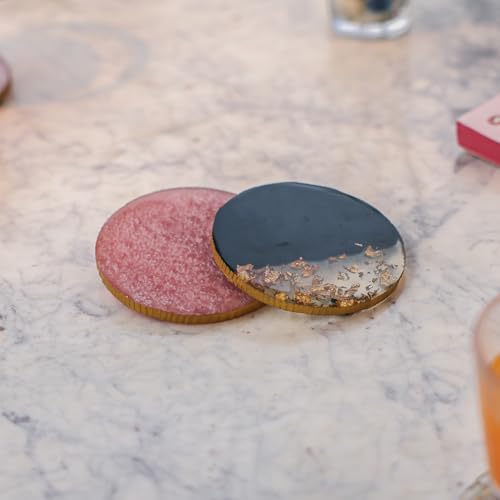 Image of Ireka Home Midnight Gold Resin Coasters (Set of 4) - Black & Gold Starry Design with Shimmering Edges and Soft Pink Accents, Perfect for Coffee Cups, Mugs & Table Decor
