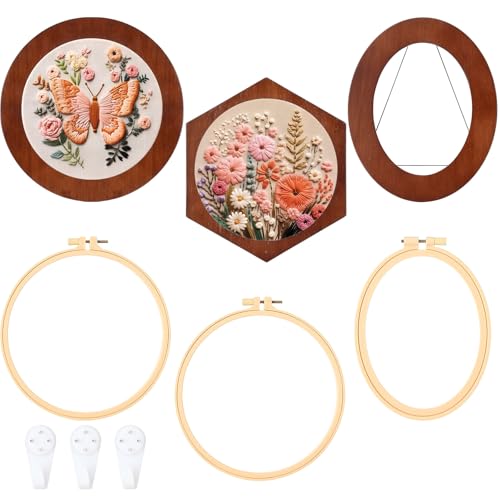 Vercraft 3 Set Embroidery Hoop Frame 8 Inch Decorative Wood Embroidery Frame with 8 Inch Cross Stitch Hoop for Display Finished DIY Art Craft Hanging Sewing Ornaments, Round, Hexagon, Oval