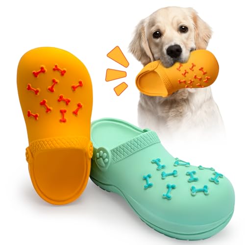 HYSHLC 2PCS Hundespielzeug Unzerstörbar, Quietschspielzeug Hund Interaktives Spielzeug, Hundespielzeug Pantoffel Intelligenz Set für Kleine und Mittelgroße Hunde zum Kauen und Jagen, Gelb Grün