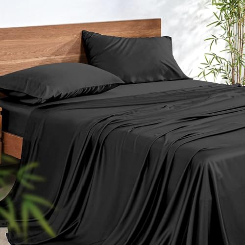 NATUREFIELD 100% Rayon Viscose Derived from Bamboo Sheets Set - Black King Size 4 Piece- Hotel Luxury Silky-Smooth Feel,Cooling Breathable, for Hot Sleepers, 16" Deep Pocket, 240 Thread Count.